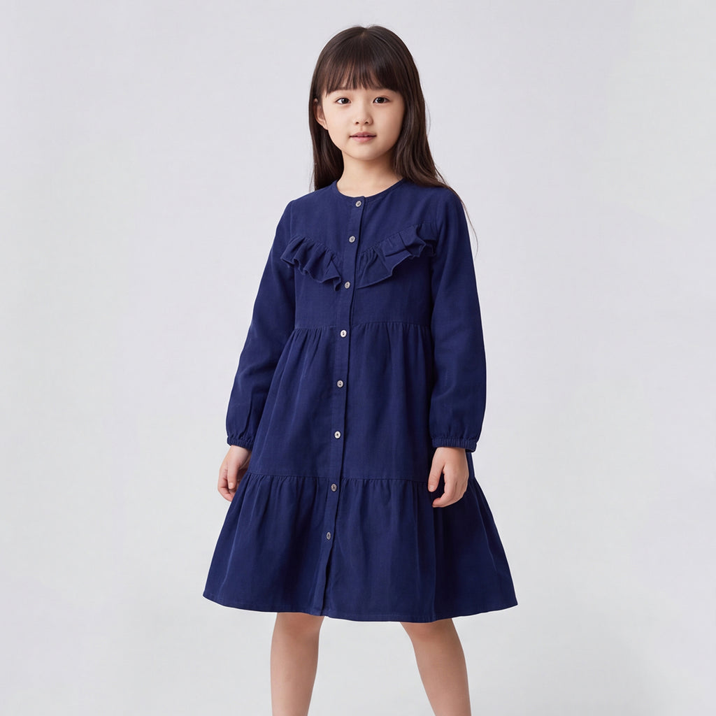 Girls Navy Long Sleeve Corduroy Fit & Flare Dress