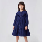 Girls Navy Long Sleeve Corduroy Fit & Flare Dress