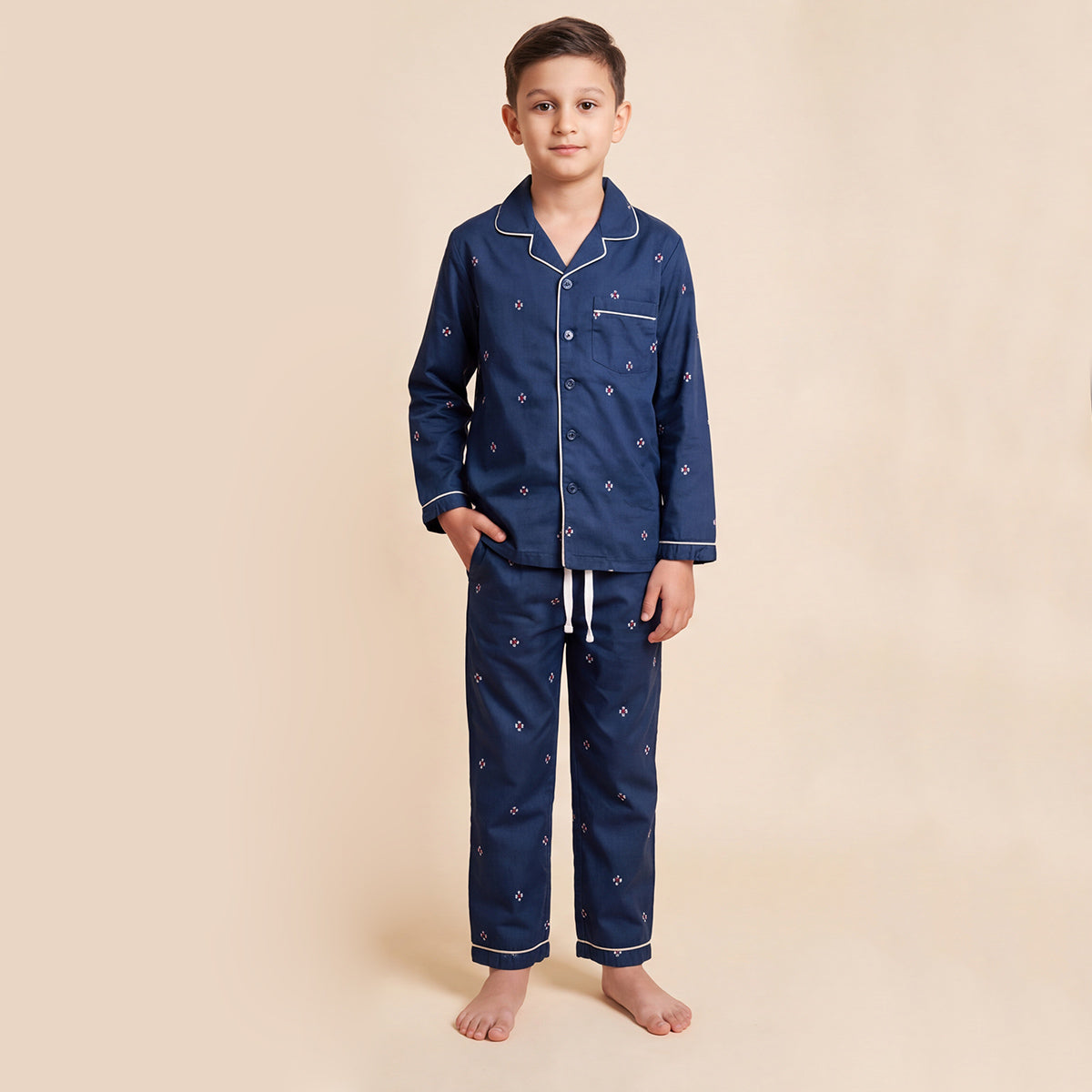 Boys Navy Pajama Set: Long Sleeve Shirt and Elasticated Pants Sleepwear