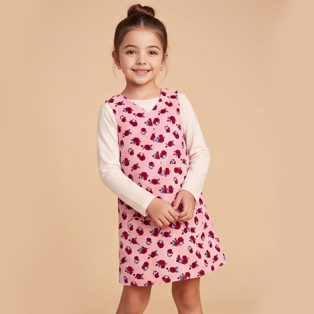 Girls Flower Printed A-Line Dress With Knitted T-Shirt