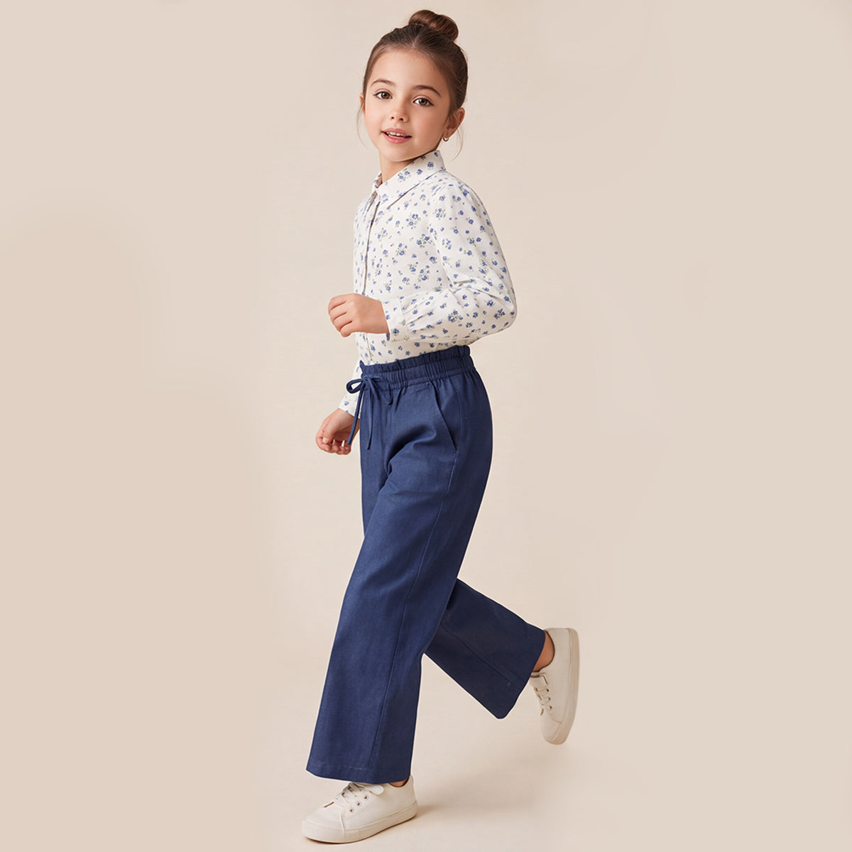 Girls Blue Floral Printed Long Sleeve Shirt and Elasticated Pants Set