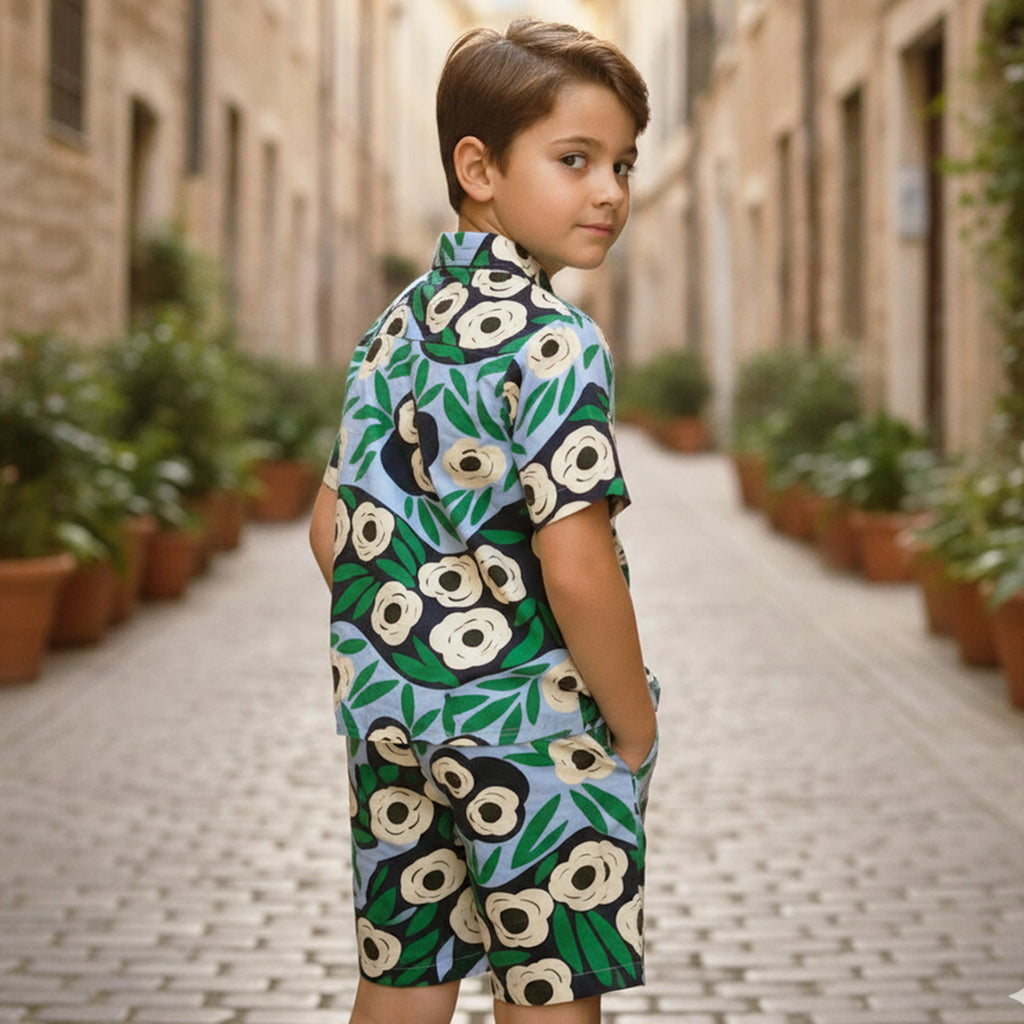 Boys Green Printed Short Sleeve Shirt With Elasticated Shorts Co-ord Set