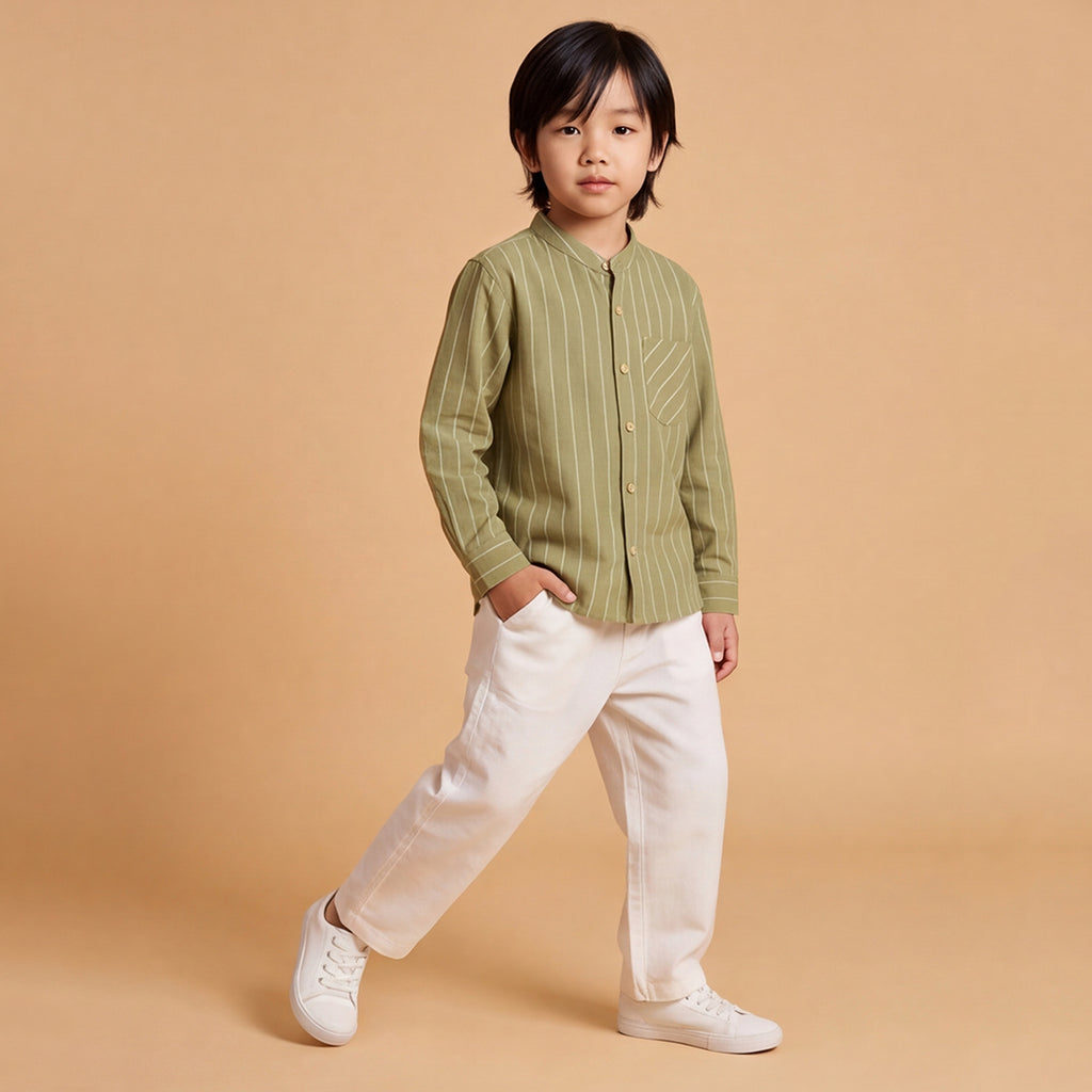 Boys Green Long Sleeve Stripes Shirt With Elasticated Trousers Set