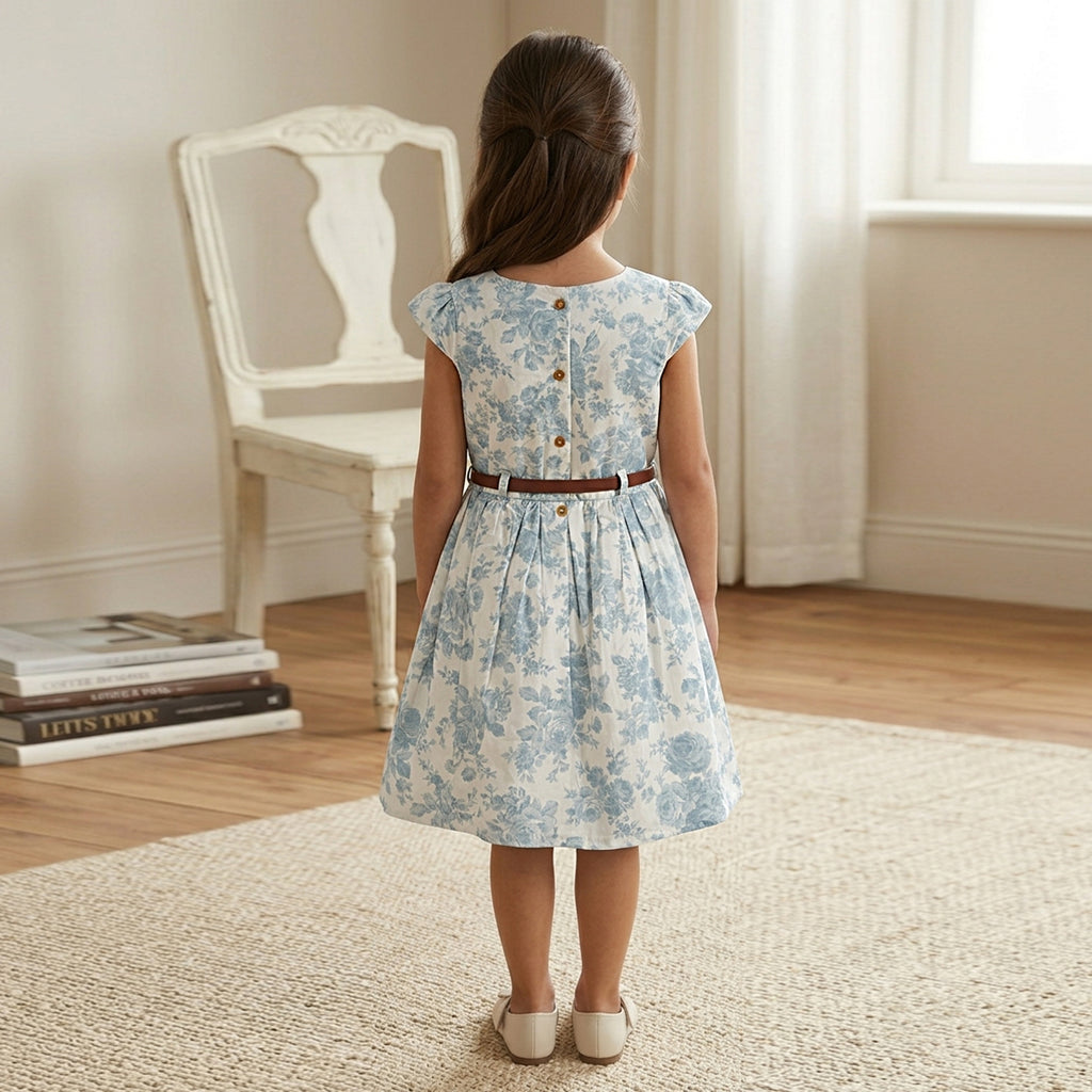 Girls White Caps Sleeve Floral Printed Fit & Flare Dress With PU Belt