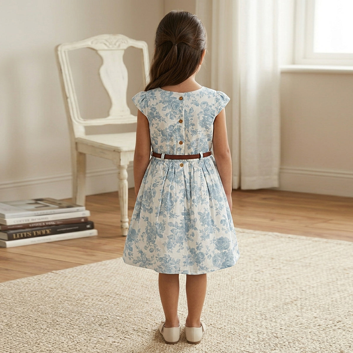 Girls White Caps Sleeve Floral Printed Fit & Flare Dress With PU Belt
