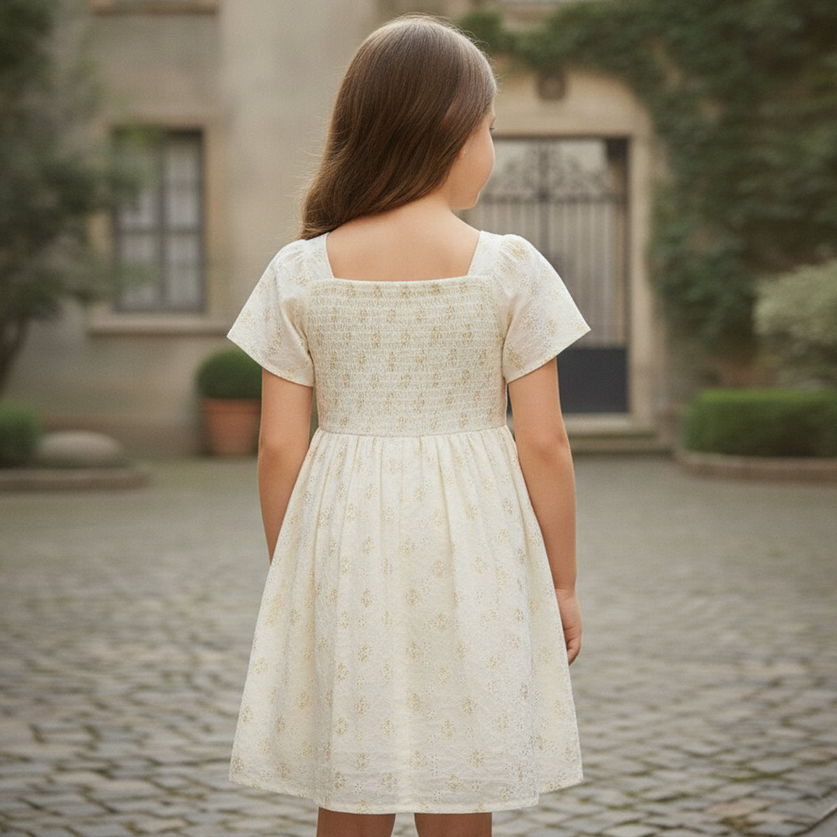 Girls Light Green Schiffli Embroidered Fit & Flare Dress With Golden Foil Print