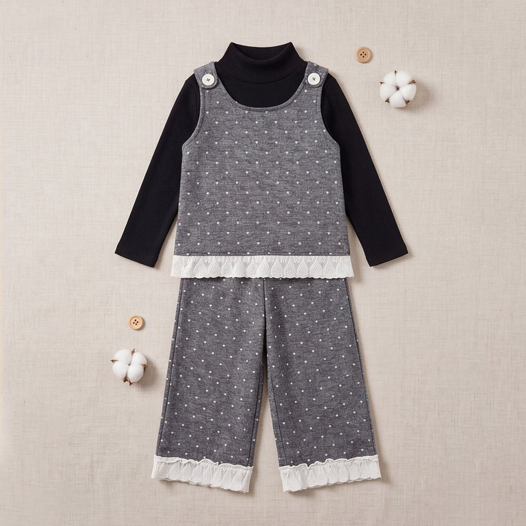 Girls Grey Polka Dot Printed Top With Long Sleeve T-Shirt And Trouser Set