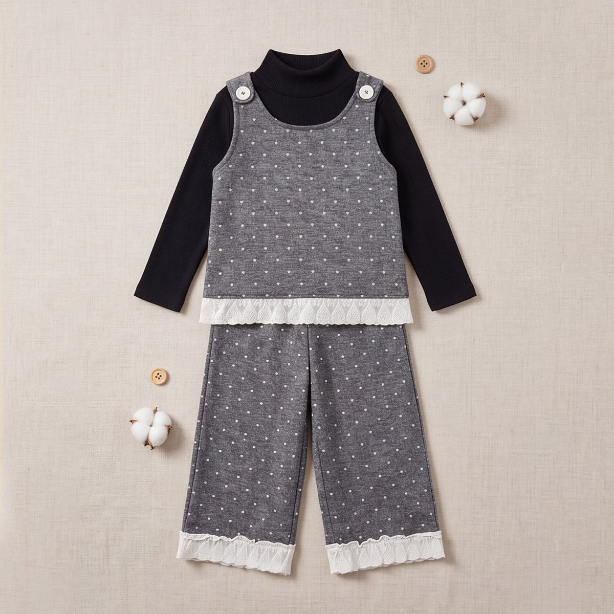 Girls Grey Polka Dot Printed Top With Long Sleeve T-Shirt And Trouser Set