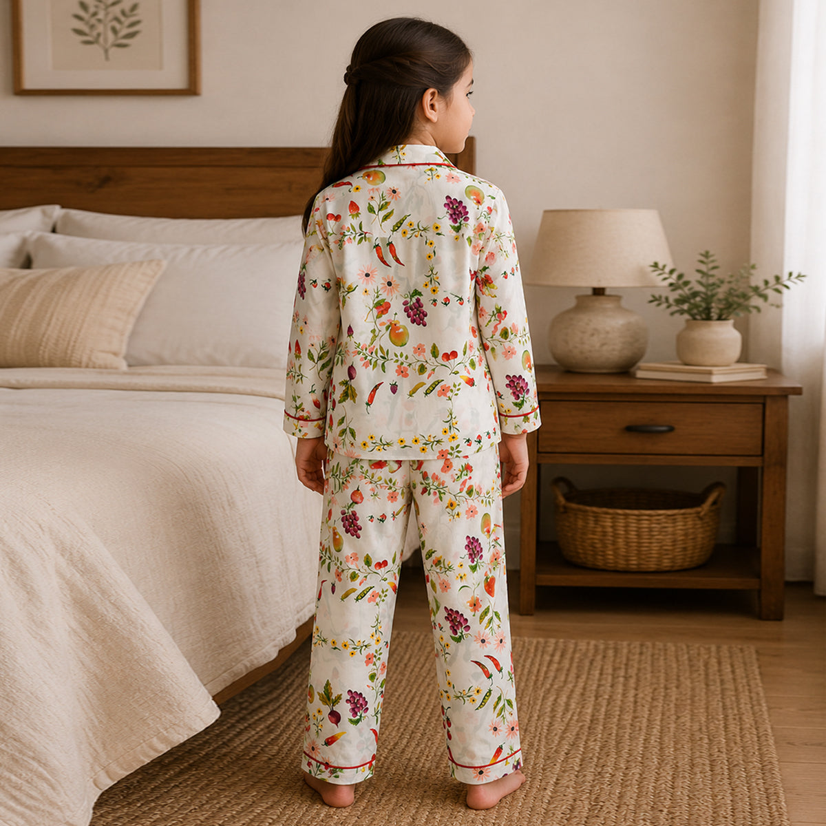 Girls Off-White Fruit Print Button-Down Long-Sleeve Shirt & Pants Nightwear Set
