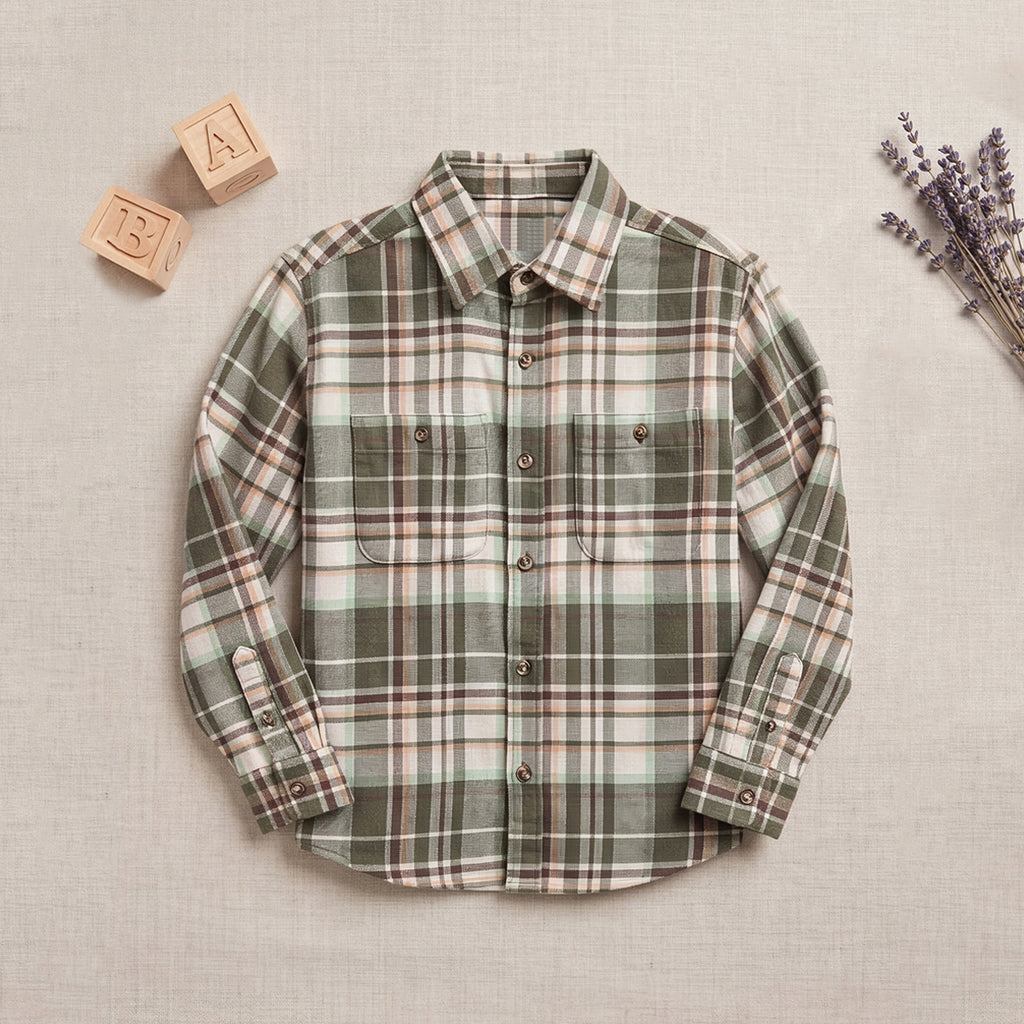 Boys Green Flannel Long Sleeve Checked Shirt
