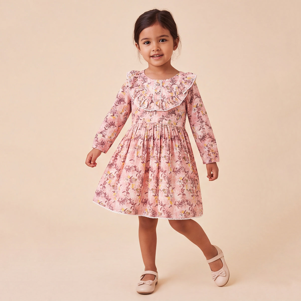 Girls Pink Floral Print Long Sleeve Dress