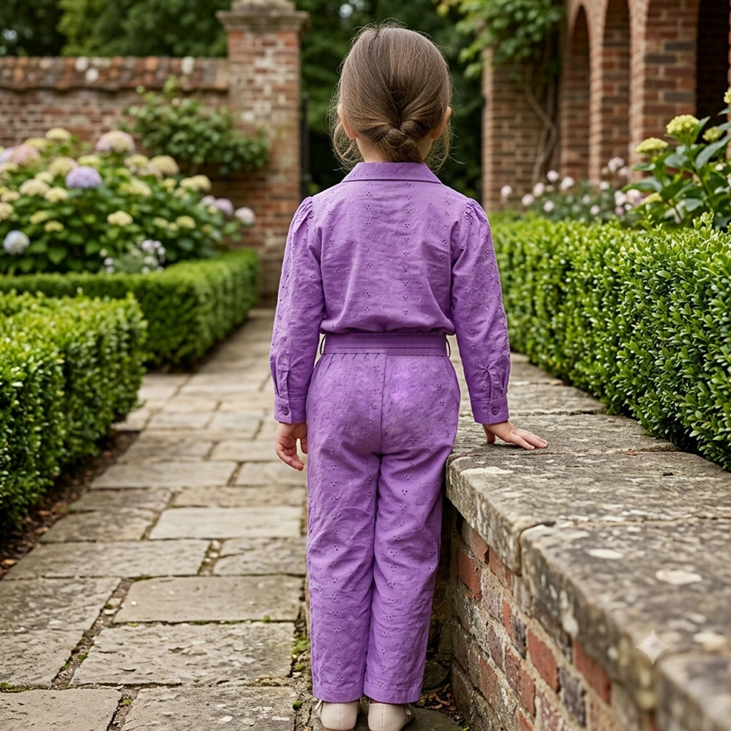 Girls Purple Schiffli Embroidery Long-Sleeve Shirt & Self-Fabric Belt Trouser Co-Ord Set