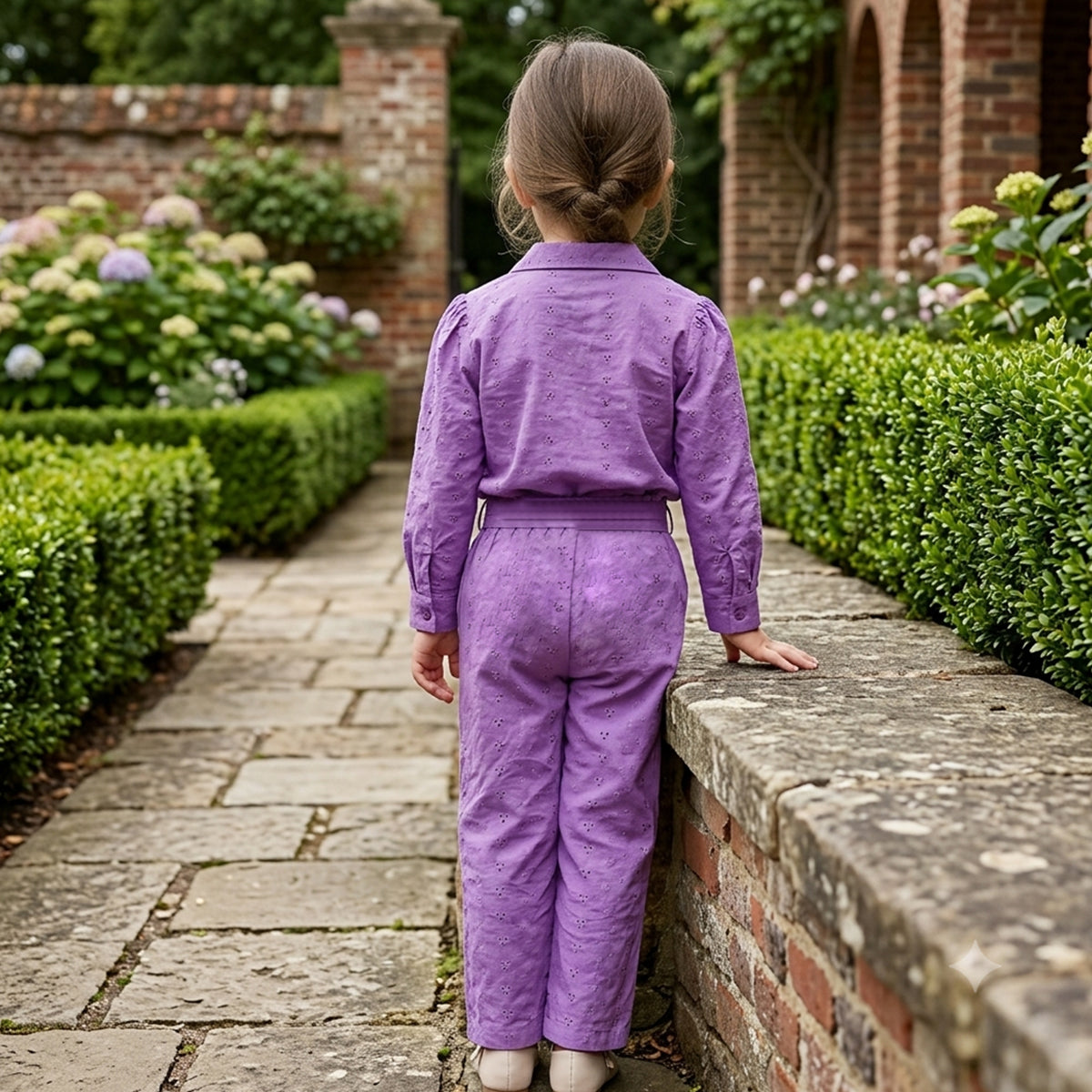 Girls Purple Schiffli Embroidery Long-Sleeve Shirt & Self-Fabric Belt Trouser Co-Ord Set