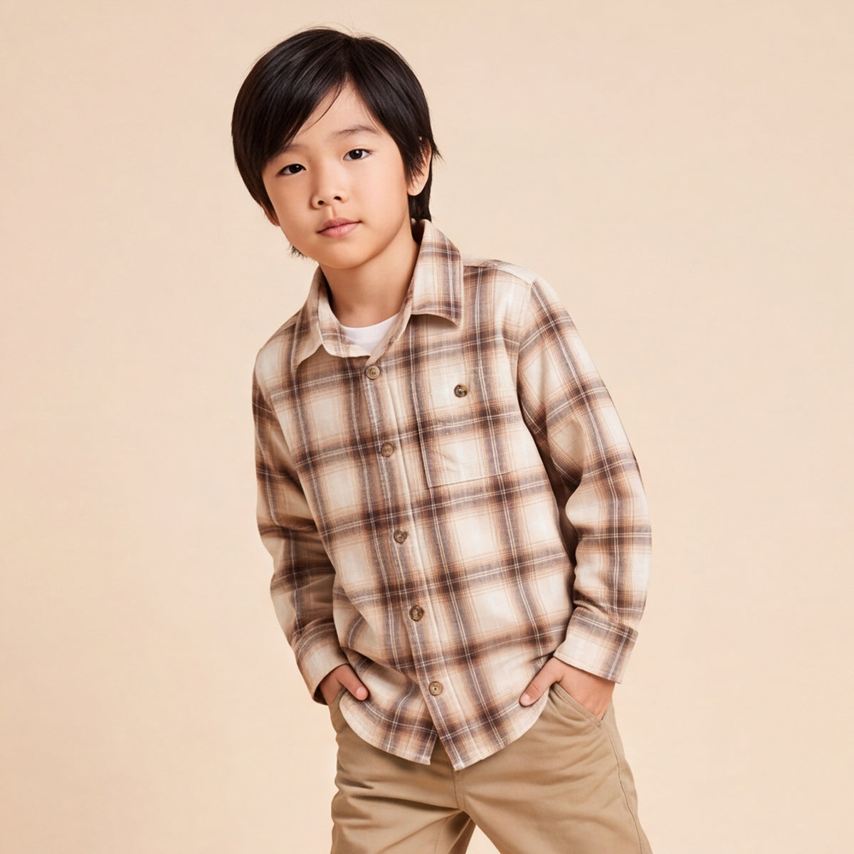 Boys Brown Checked Long Sleeve Shirt