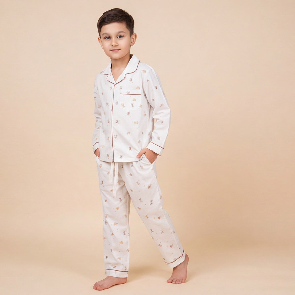 Boys White Pajama Set: Long Sleeve Shirt and Elasticated Pants Sleepwear