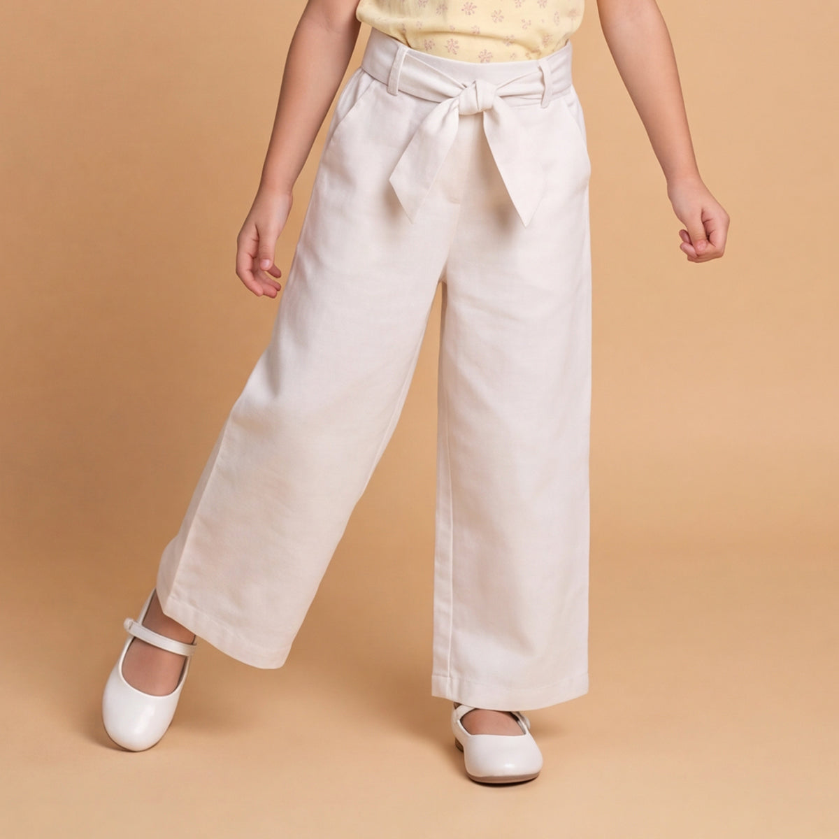 Girls White Elasticated Trouser With Fabric Belt