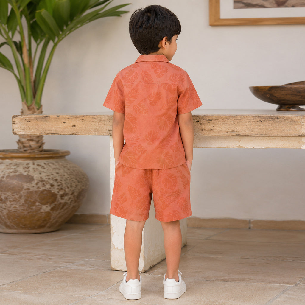 Boys Orange Short Sleeve Leaf Print Shirt With Drawcord Waist Shorts Sets
