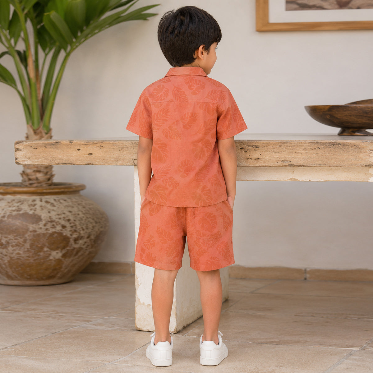 Boys Orange Short Sleeve Leaf Print Shirt With Drawcord Waist Shorts Sets