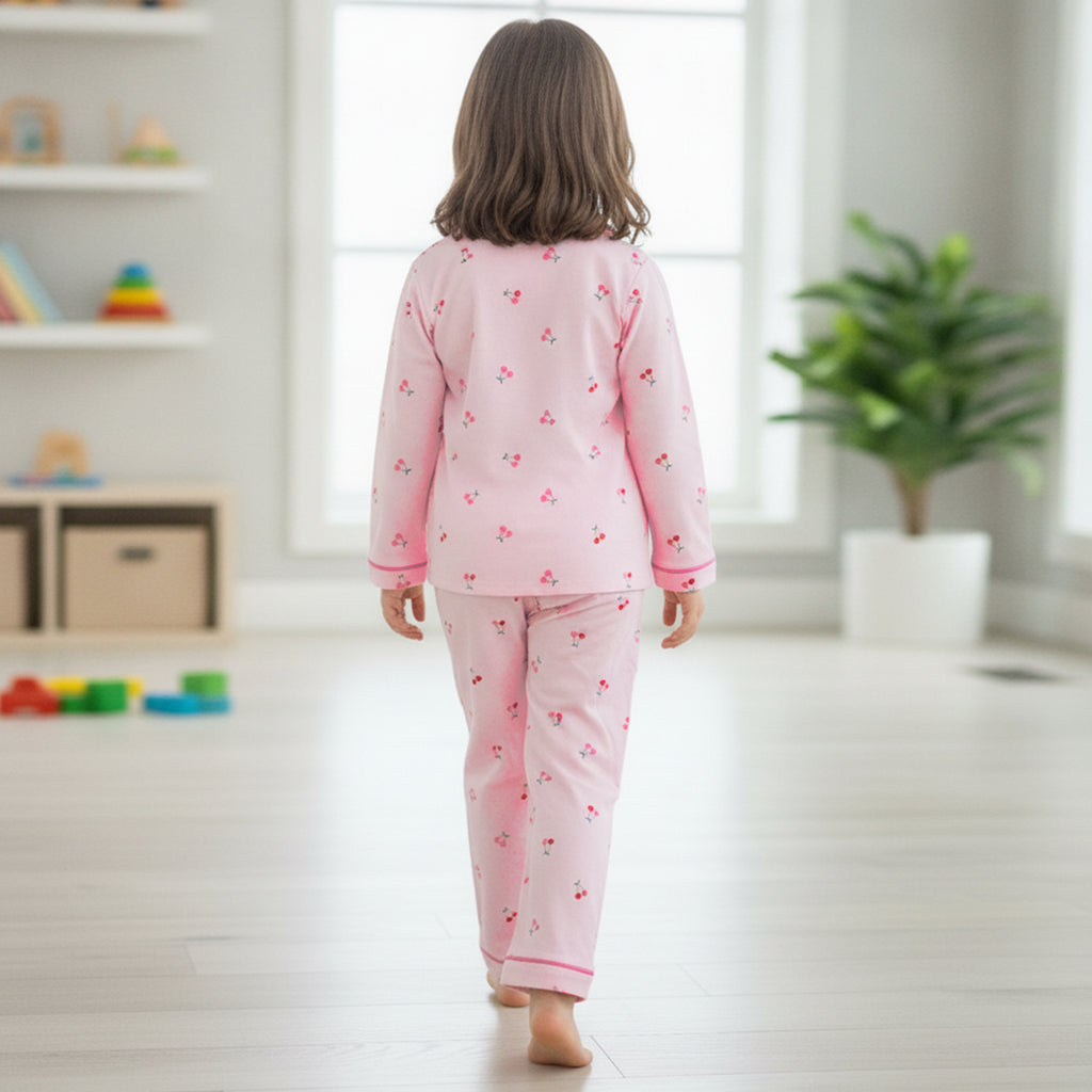 Girls Pink Cherry Printed Button-Down Long-Sleeve Shirt & Pants Nightwear Set