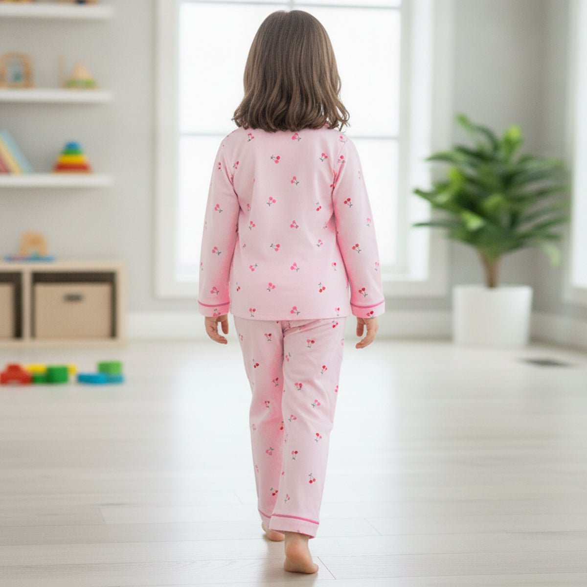 Girls Pink Cherry Printed Button-Down Long-Sleeve Shirt & Pants Nightwear Set