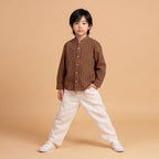 Boys Brown Long Sleeve Stripes Shirt With Elasticated Trousers Set