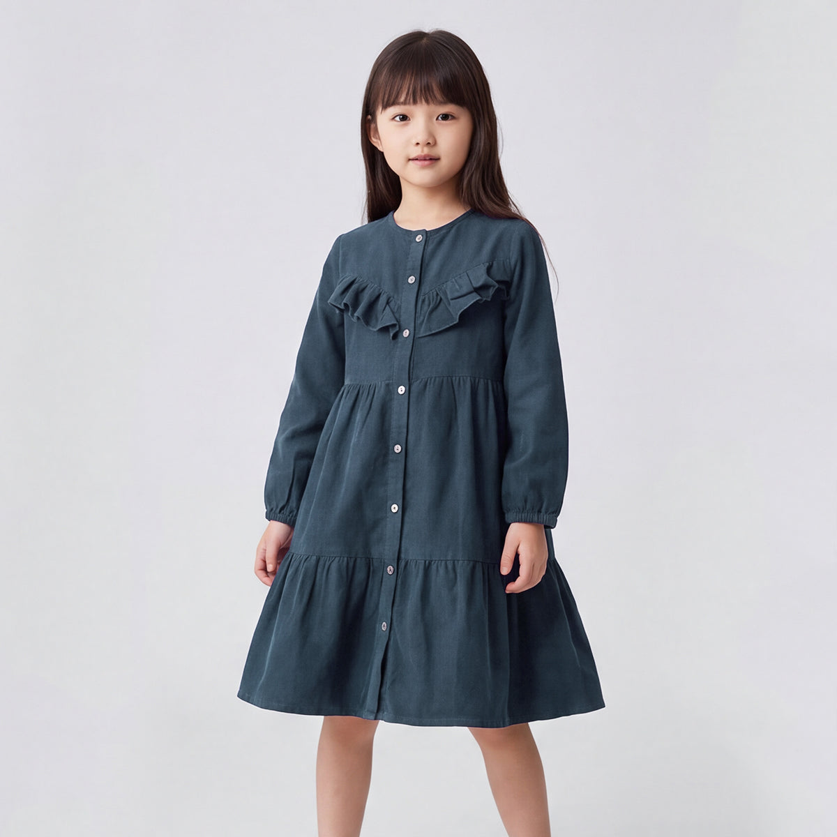 Girls Grey Long Sleeve Corduroy Fit & Flare Dress