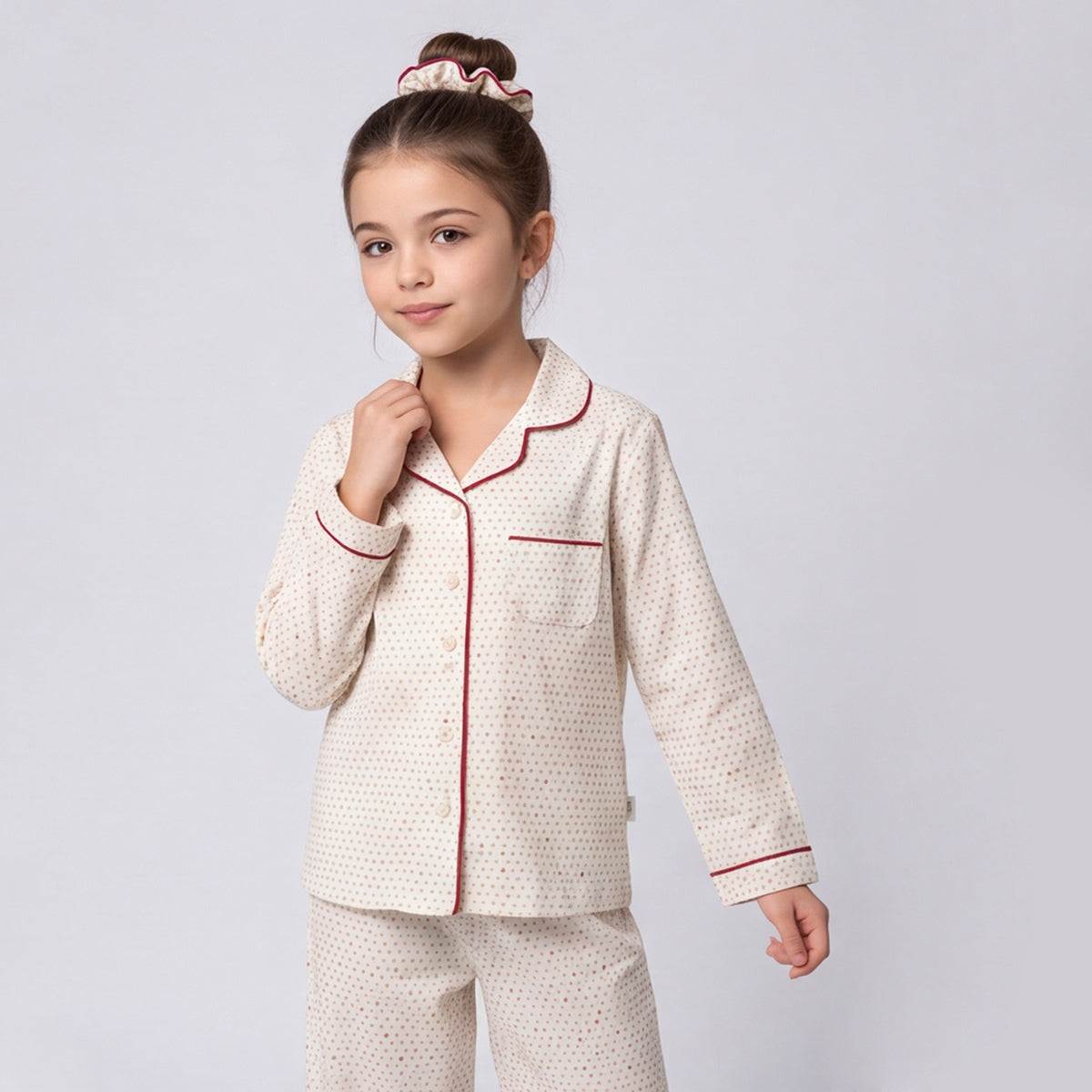 Girls 3Pcs Pajama Set: Long Sleeve Shirt, Pajamas and Matching Stretched Hair Band