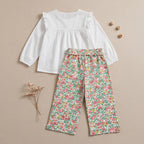 Girls White Swiss Dot Embroidered Top With Printed Trousers Set