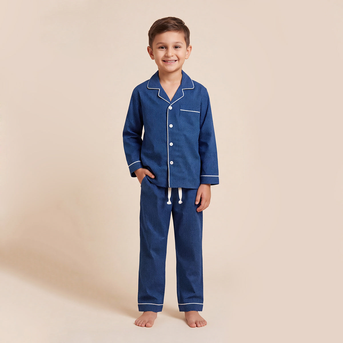 Boys Navy Pajama Set: Long Sleeve Shirt and Elasticated Pants Sleepwear