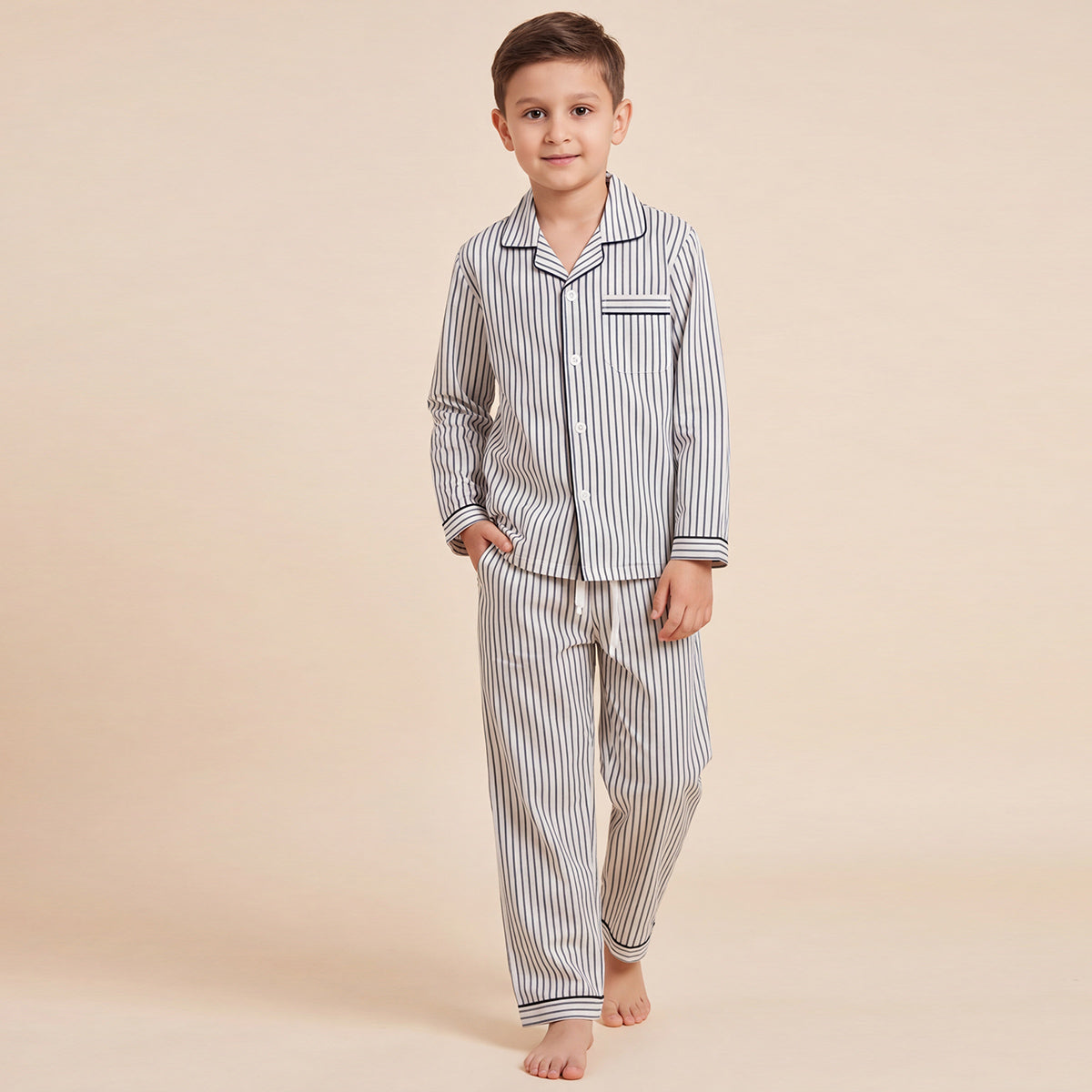 Boys White Striped Pajama Set: Long Sleeve Shirt and Elasticated Pants Sleepwear