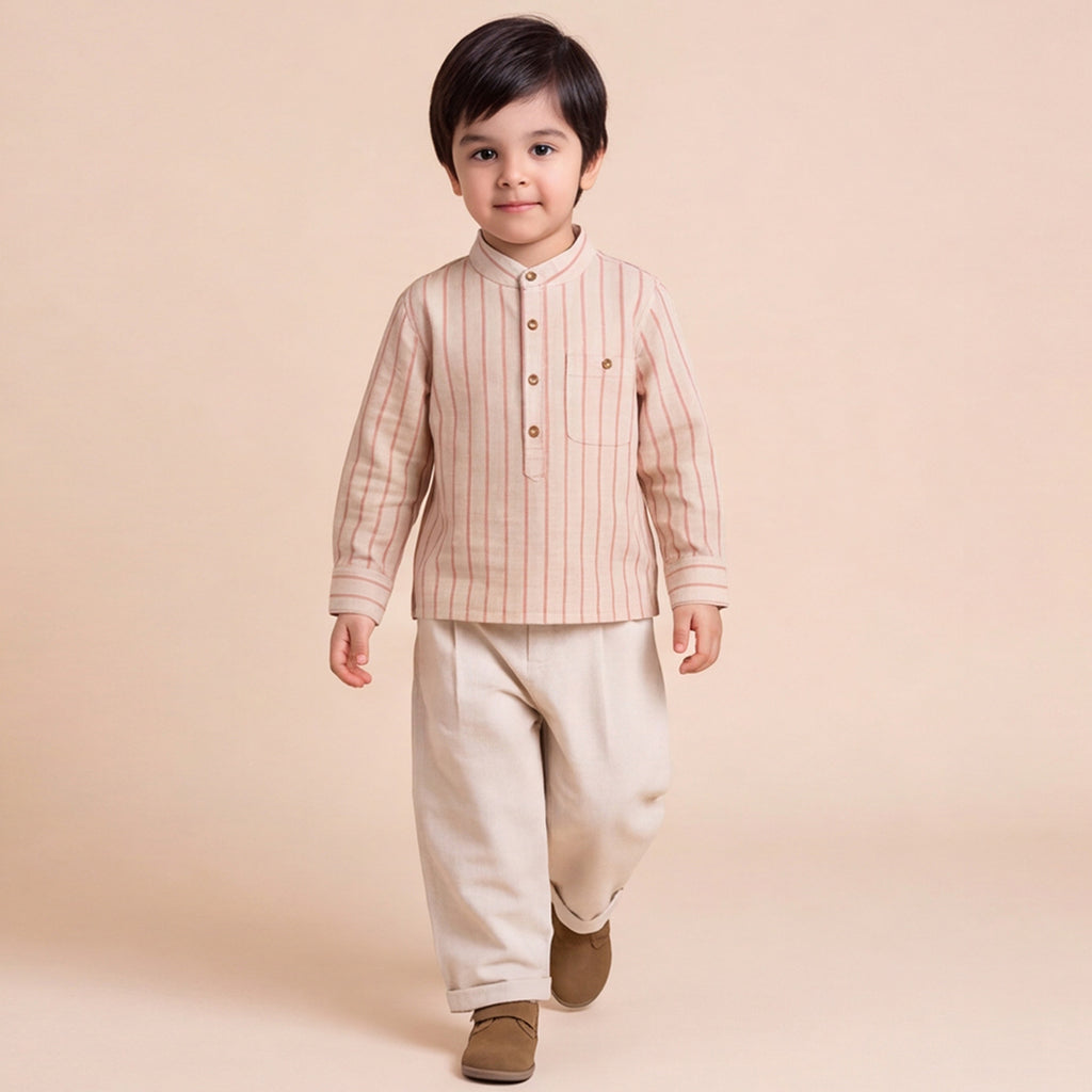 Boys Khaki Mandarin Collar Striped Shirt & Elasticated Trouser Set