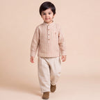 Boys Khaki Mandarin Collar Striped Shirt & Elasticated Trouser Set