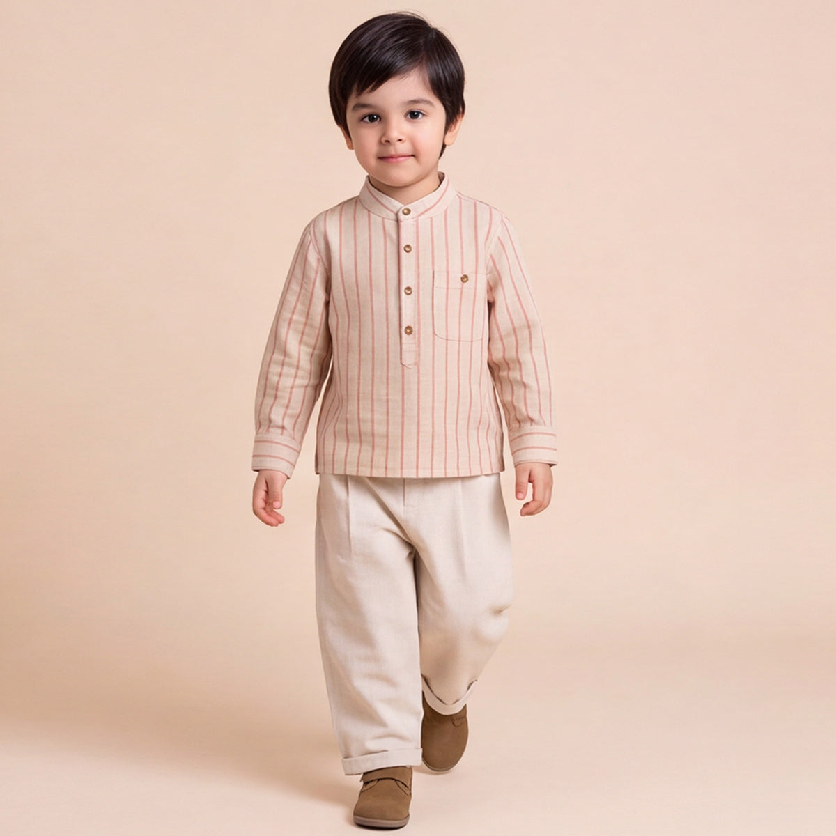 Boys Khaki Mandarin Collar Striped Shirt & Elasticated Trouser Set