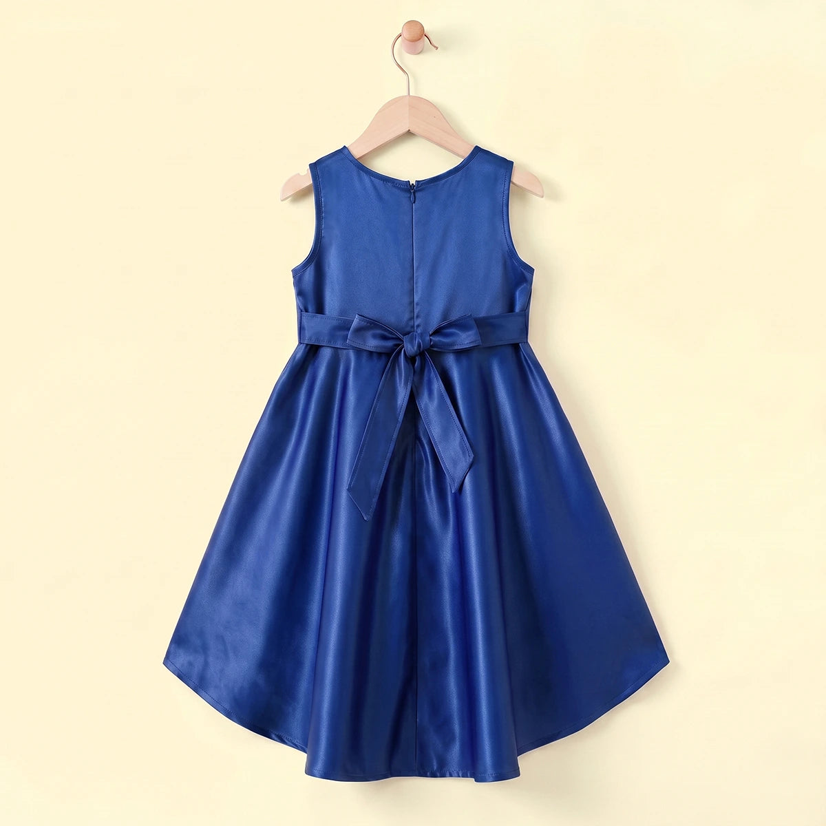 Girls Navy Blue Floral Applique High Low Sleeveless Party Wear Dress