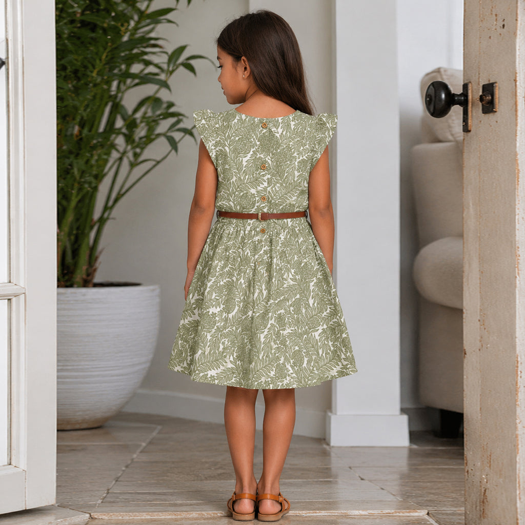Girls Green Flying Sleeve Fit & Flare Dress With PU Belt