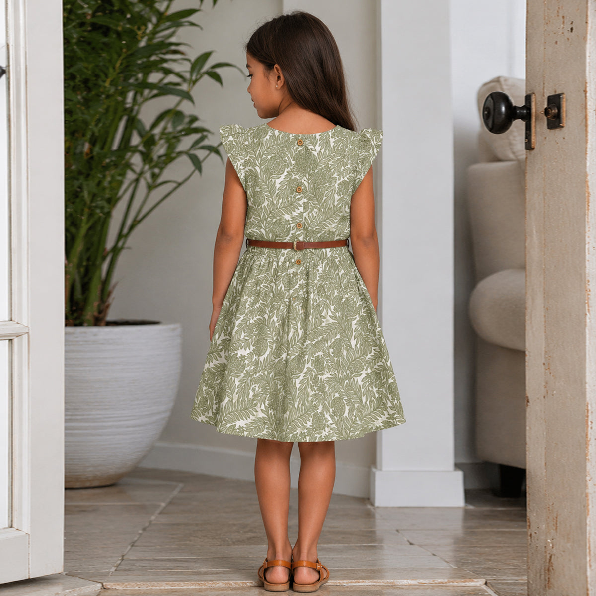 Girls Green Flying Sleeve Fit & Flare Dress With PU Belt