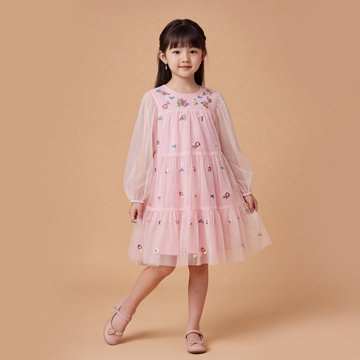 Girls Pink Long Sleeve Embroidered Layered Dress