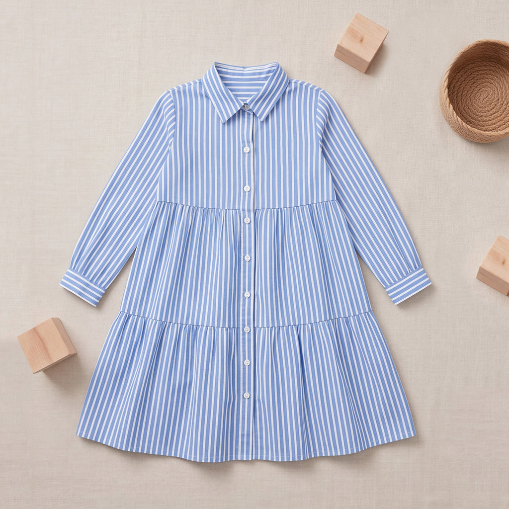 Girls Blue Stripes Long Sleeve Shirt Dress