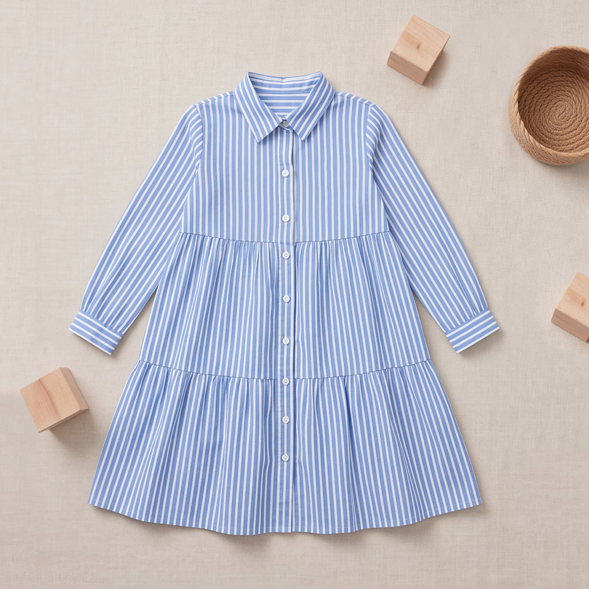 Girls Blue Stripes Long Sleeve Shirt Dress