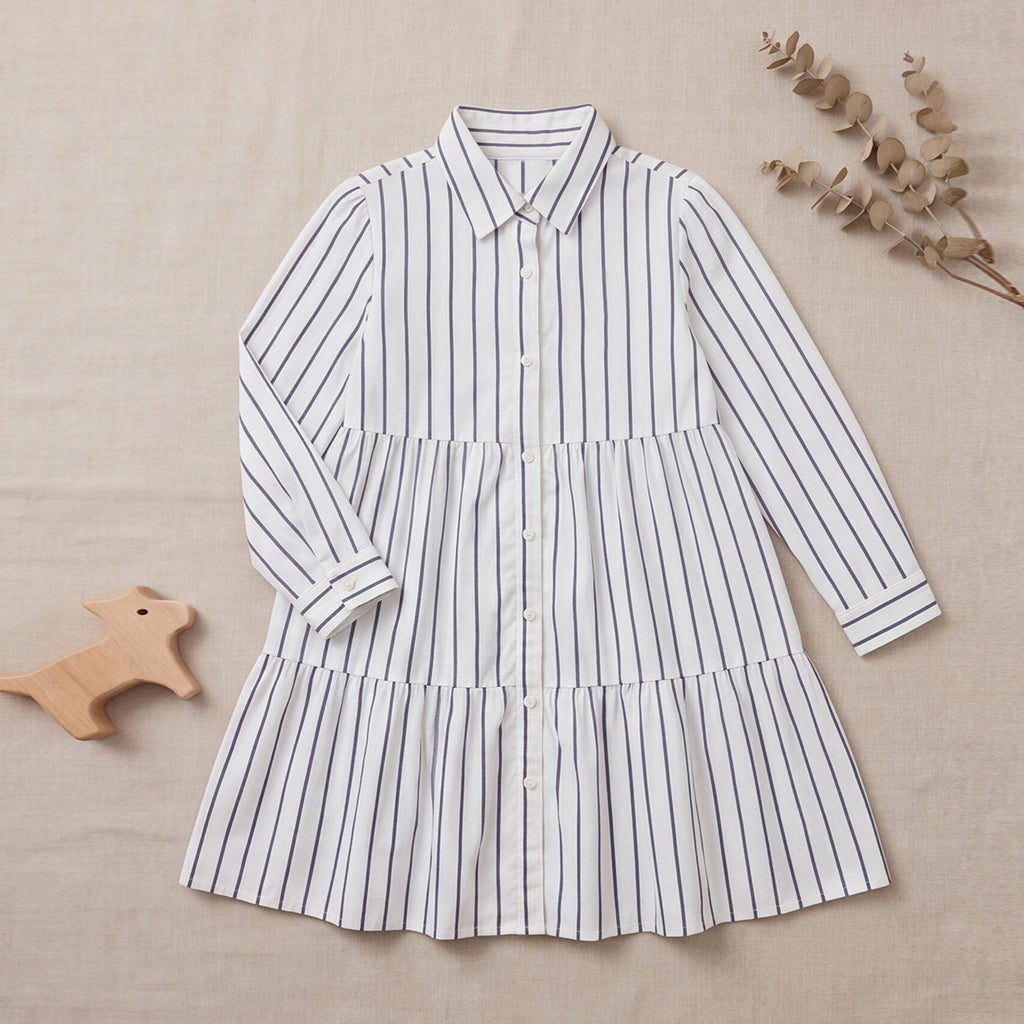Girls White Stripes Long Sleeve Shirt Dress
