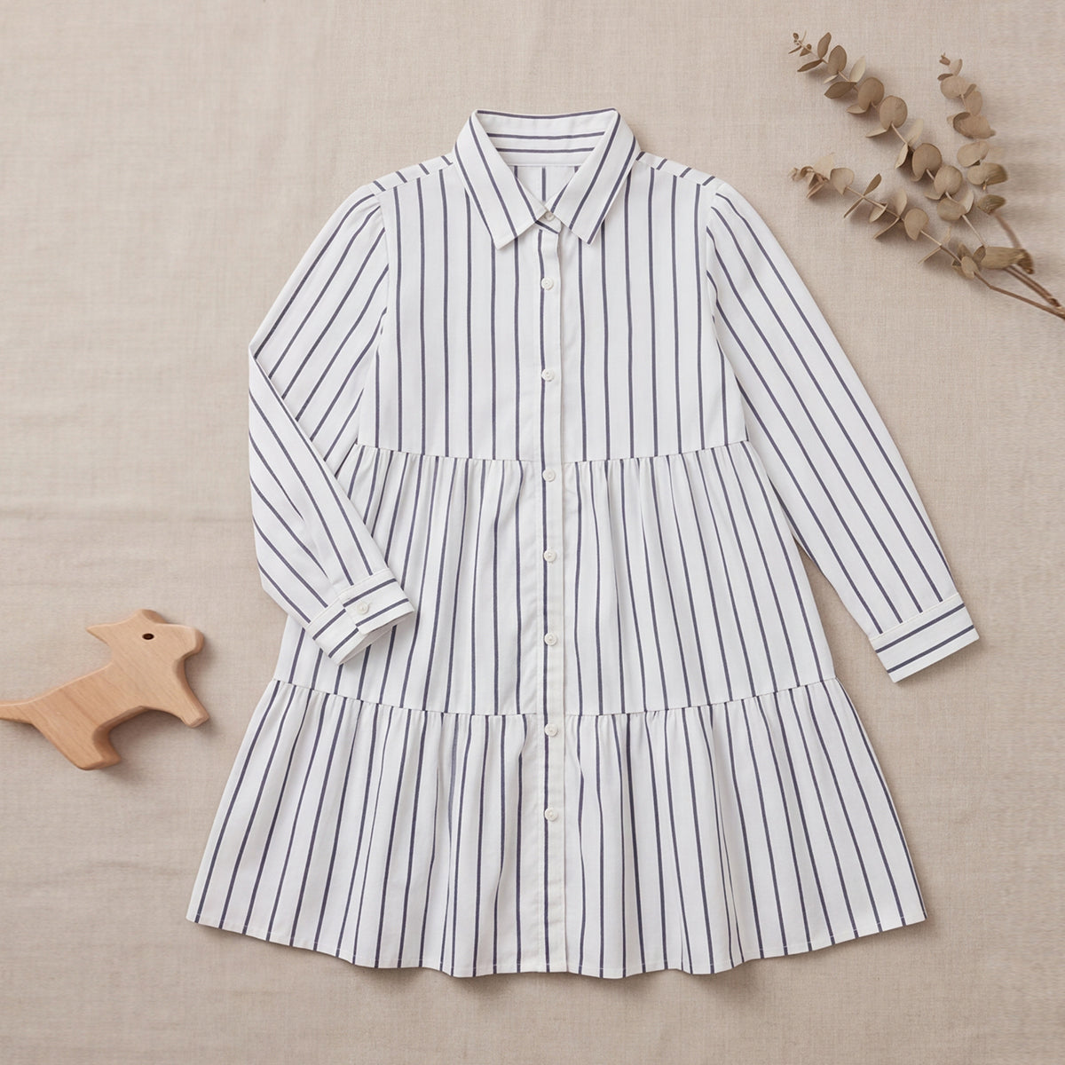 Girls White Stripes Long Sleeve Shirt Dress