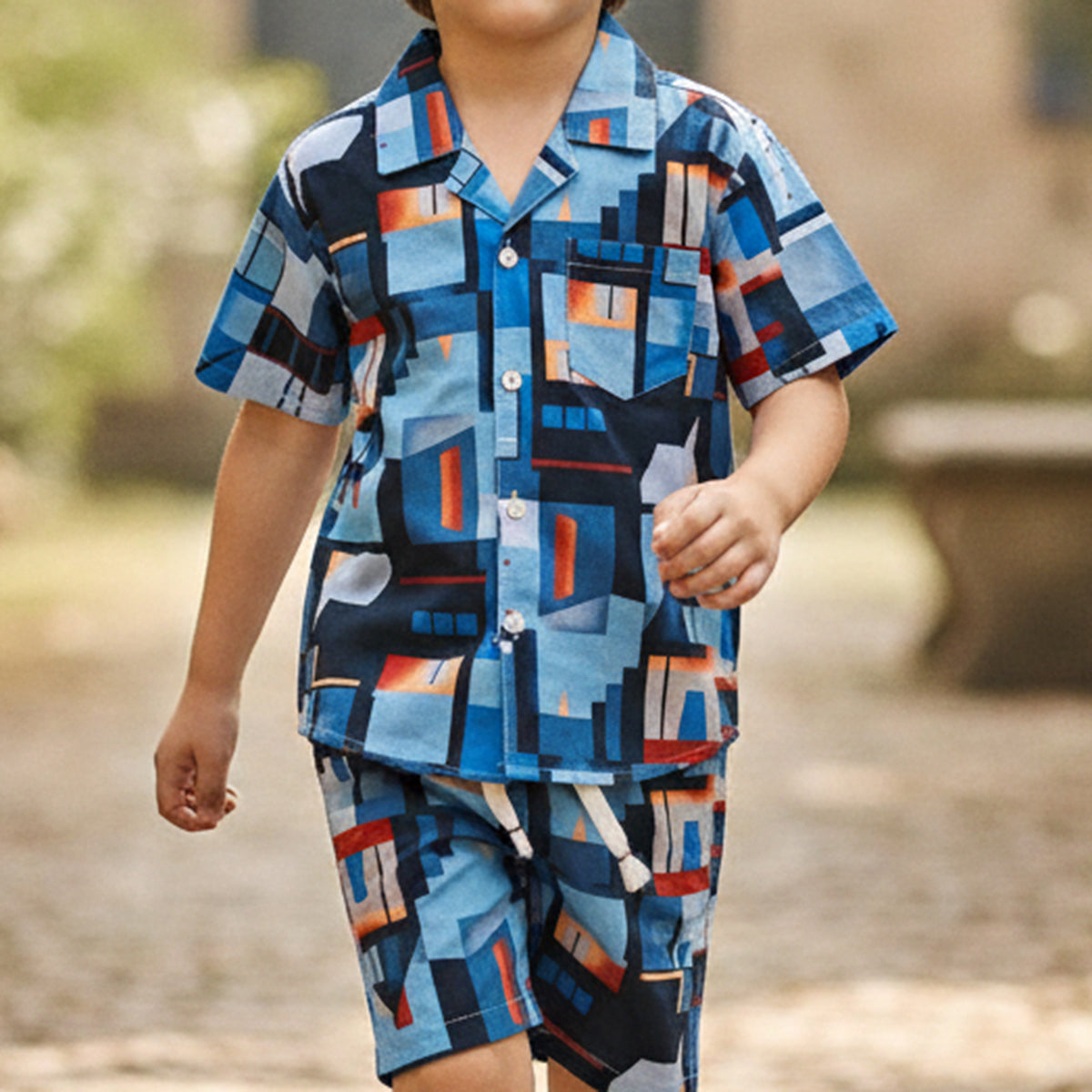 Boys Navy Printed Short Sleeve Shirt and Shorts Co-ord Set