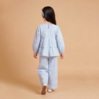 Girls Light Blue Printed Long Sleeve Top With Elasticated Pants Sets