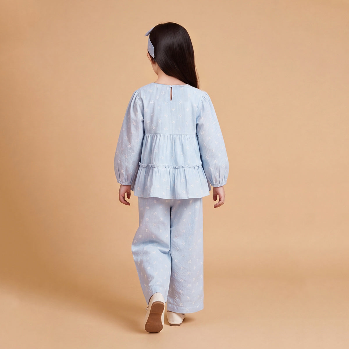 Girls Light Blue Printed Long Sleeve Top With Elasticated Pants Sets