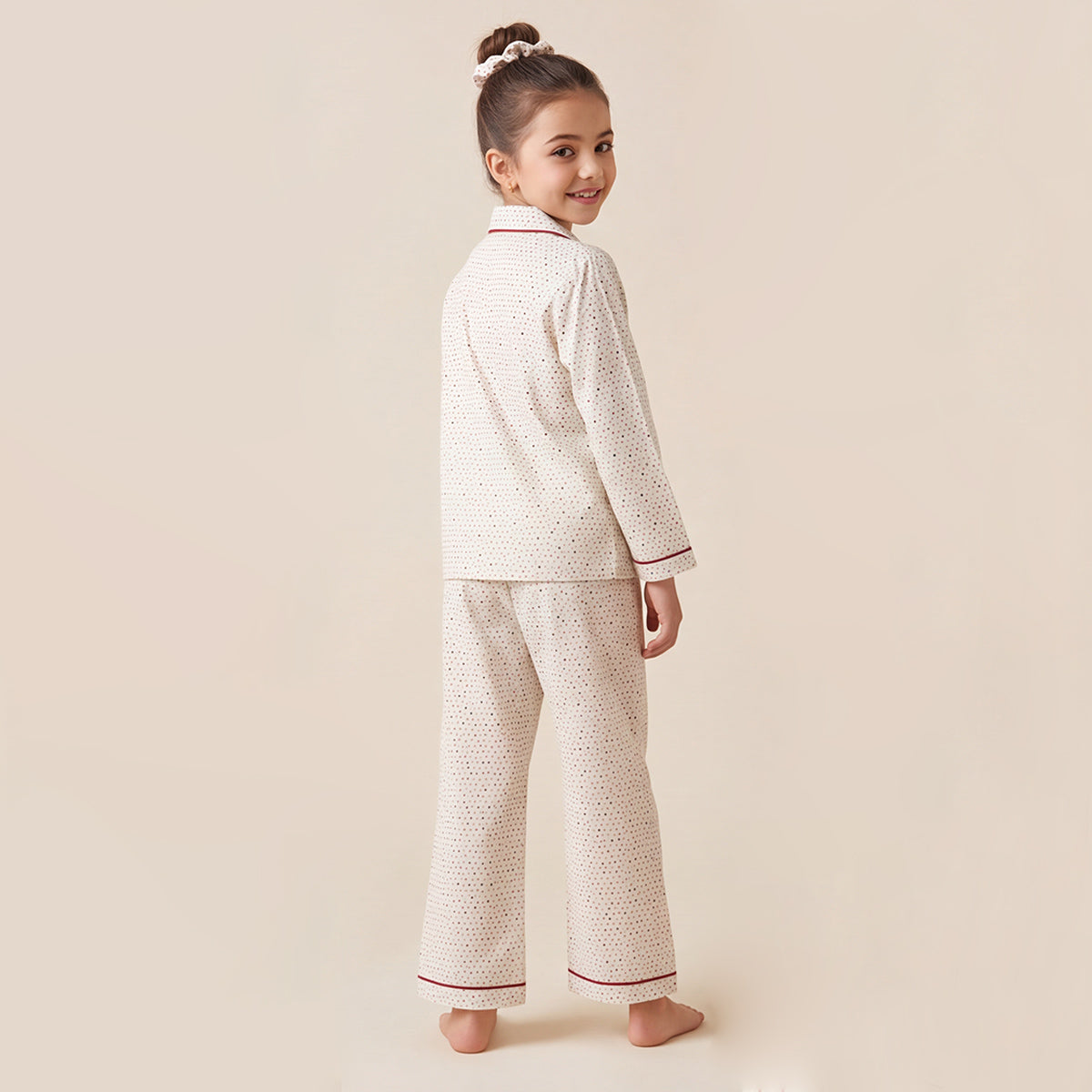 Girls Off White 3Pcs Pajama Set: Long Sleeve Shirt, Pajamas and Matching Stretched Hair Band
