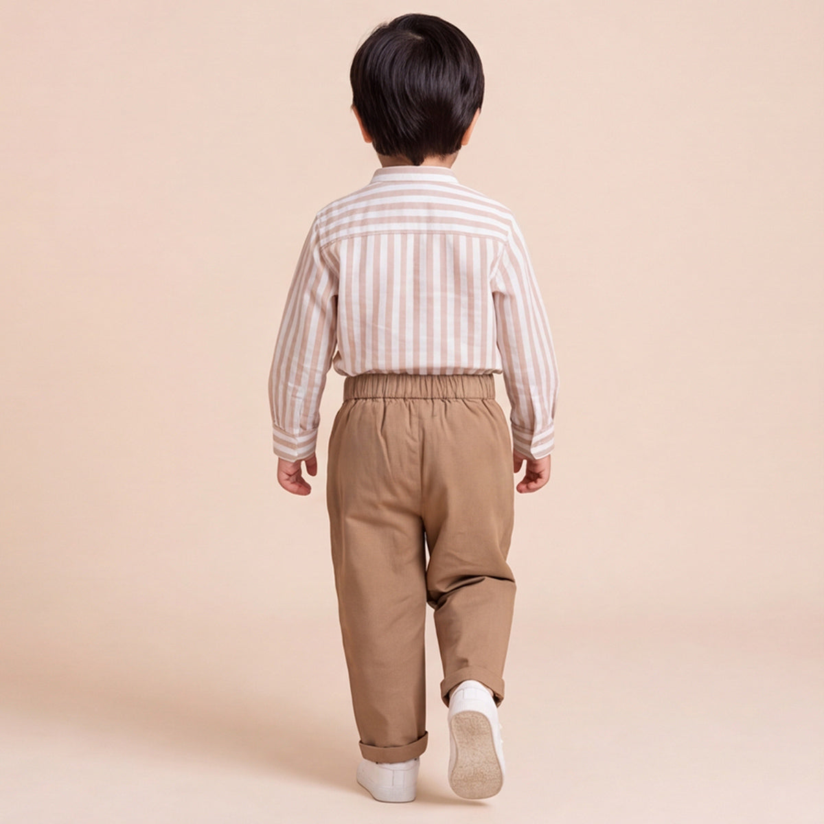 Boys Brown Mandarin Collar Striped Shirt & Elasticated Trouser Set