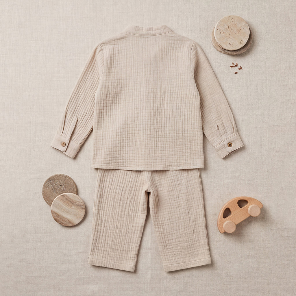Boys Off White Mandarin collar Shirt With Elasticated Pants Set