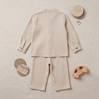 Boys Off White Mandarin collar Shirt With Elasticated Pants Set