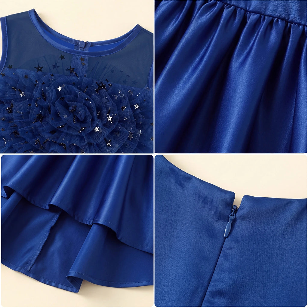 Girls Navy Blue Floral Applique High Low Sleeveless Party Wear Dress