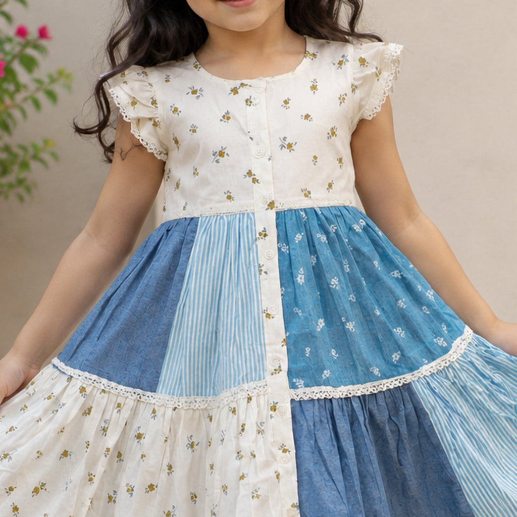 Girls White Cotton Cap-Sleeve Printed Patch Layered Tiered Dress